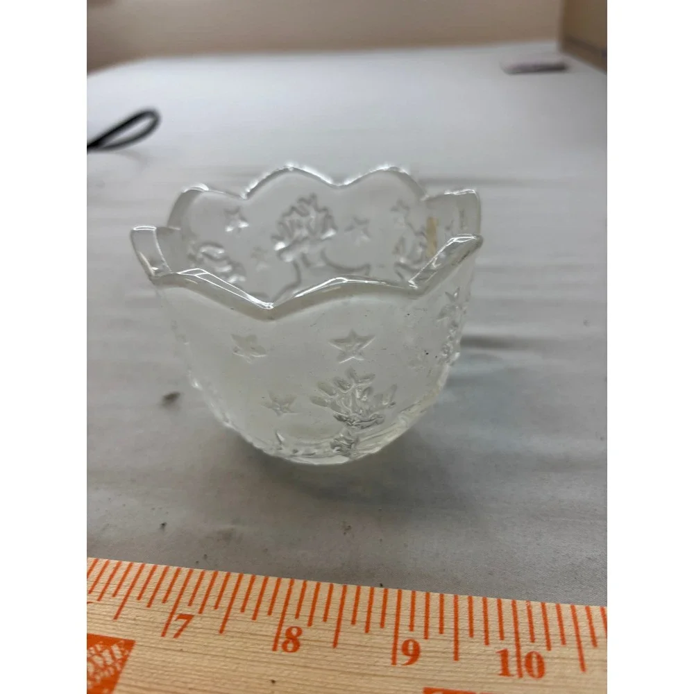 Frosted Glass Votive Candle Holder Scalloped Rim Christmas Tree Stars Winter